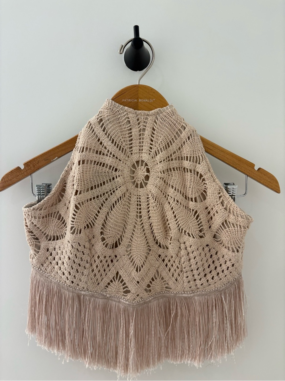 PatBO Crochet Fringe Halter Top in Blush Beige